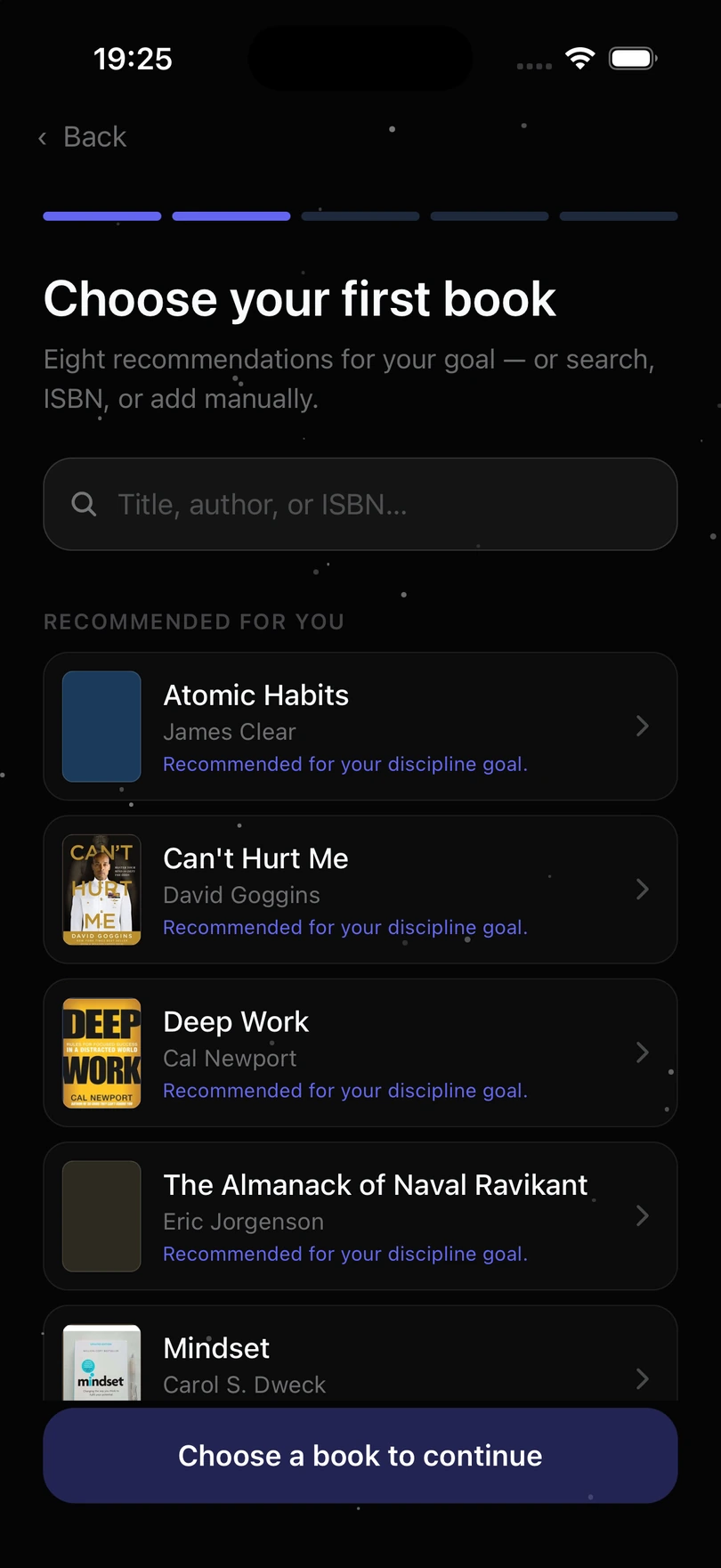 Kravion onboarding step recommending a first book, with search by title, author or ISBN.