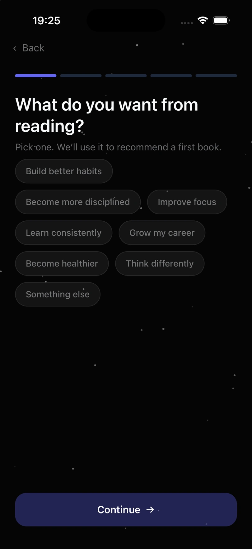 Kravion onboarding step asking what you want from reading, with goals such as build better habits or improve focus.