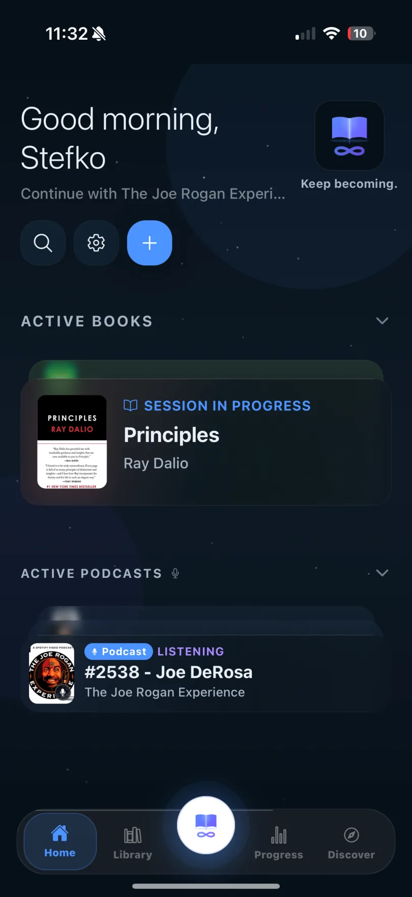The real Kravion home screen with an active book and podcast session ready to continue.